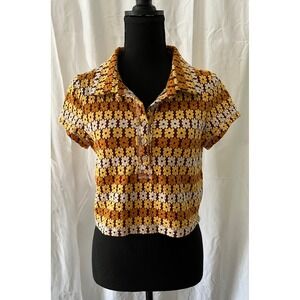 Free People‎ Crochet Floral Button Up Short Sleeve Crop Top Size Large Boho